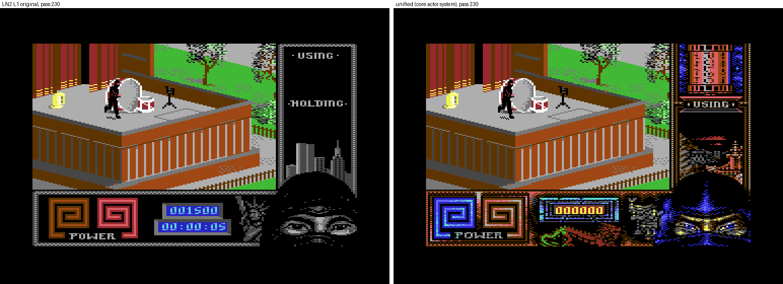 Last Ninja 2 level 1: the original game and the unified engine at the same lock-step pass