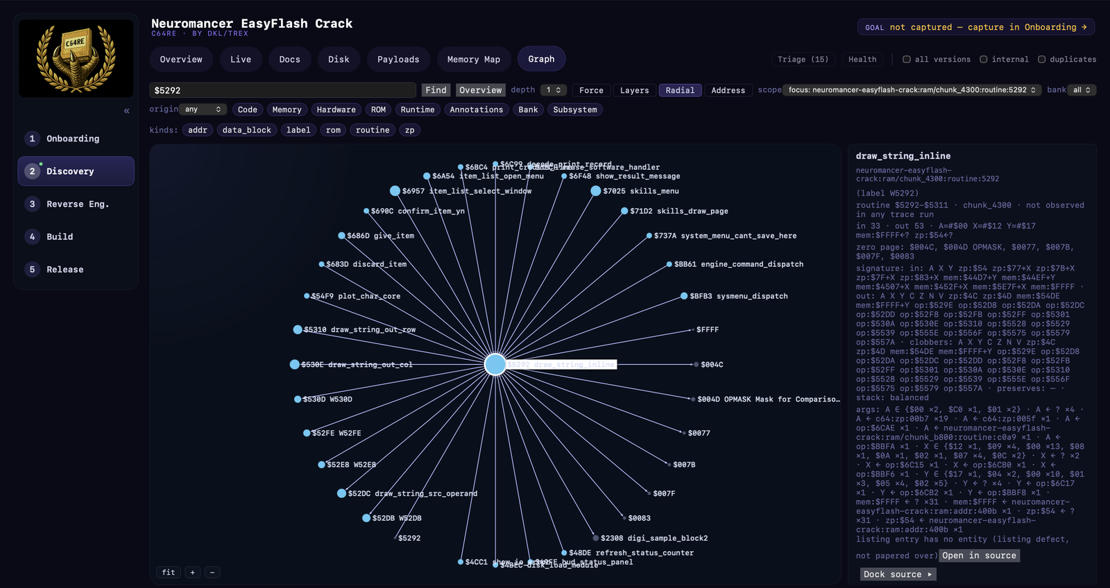 Radial view of draw_string_inline at $5292 with its call sites and the signature and argument card