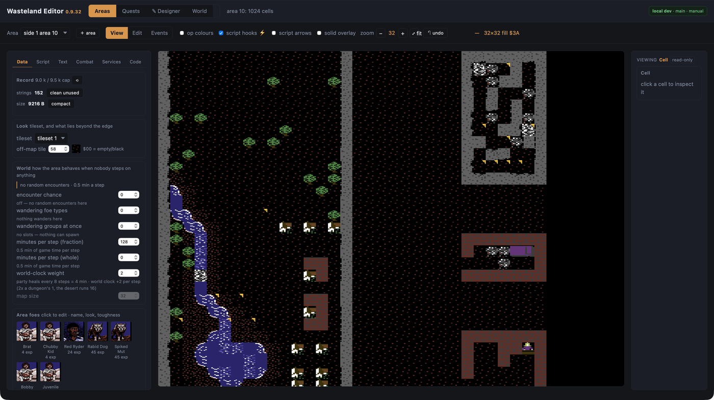 Wasteland editor showing an area map, its record data and the area's foes
