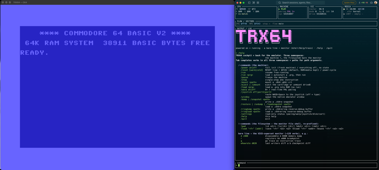 TRX64 showing C64 output beside its terminal cockpit